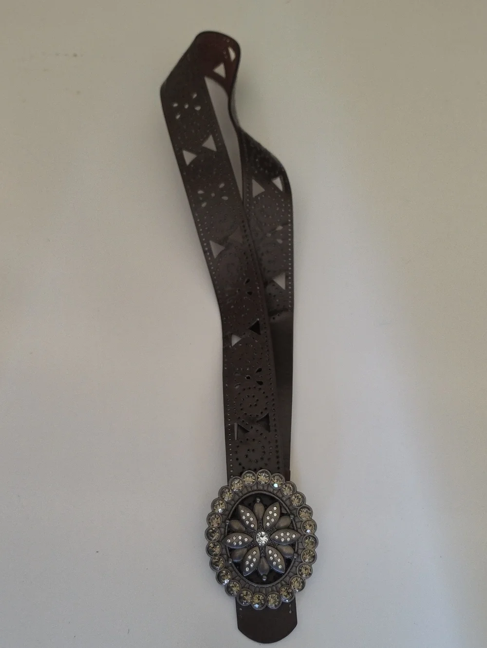 Women's Brown Cutout Belt with Crystal Floral Buckle